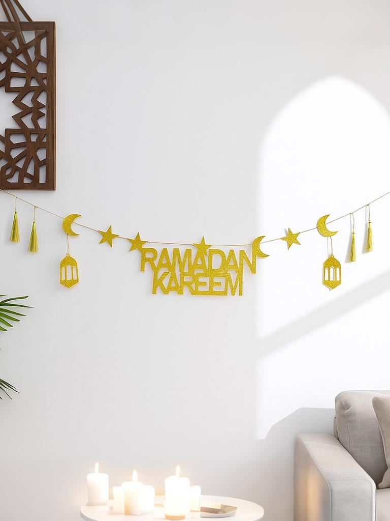 Ramadan Kareem Guldglitter Banner Non-Woven Tyg Stjärna Måne Lykta Tofs Väggdekor Girlang Islamisk Festlig Hemdekoration