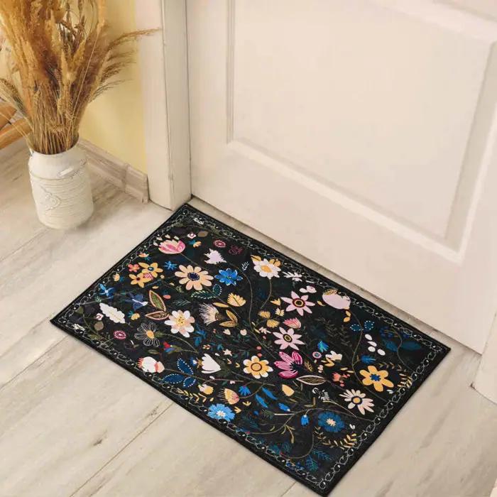 Door Mat Black Background Vibrant Wildflower Pattern Non Slip Washable Rug for Entryway Bathroom Home Decoration