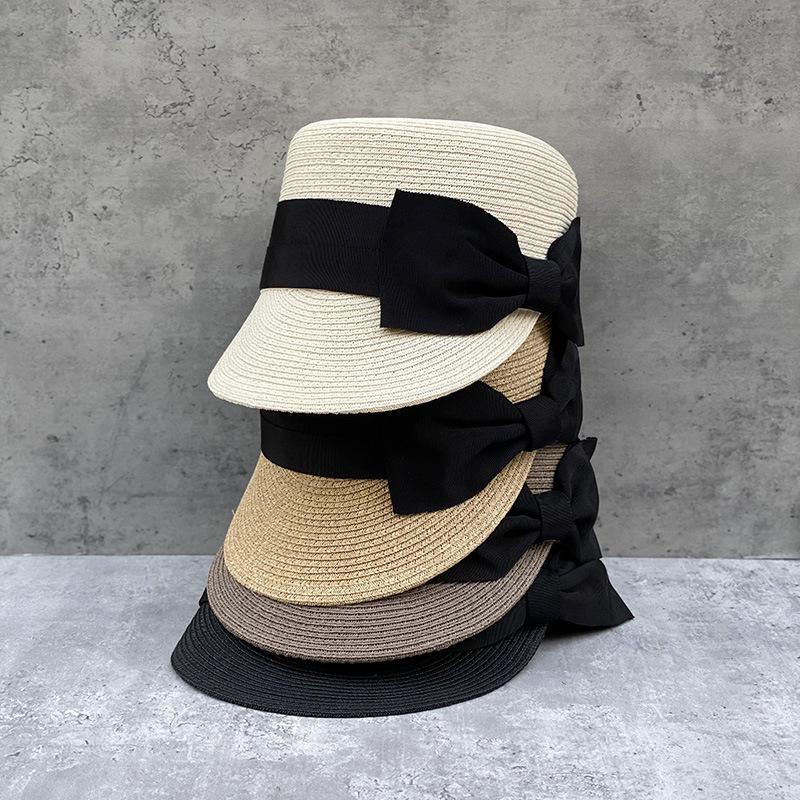Japanischer großer Schleifenstrohhut flacher Oberteil Reithut Damen Sommer kurzer Schirmkappe Reise Sonnenschutz Strandstrohhut