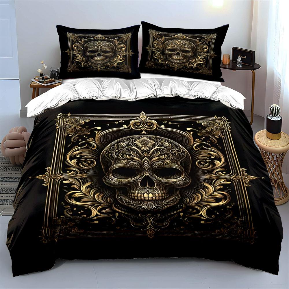 Vintage Gold Ornate Skull Baroque Duvet Cover Set Black Luxury Gothic Bedding Includes 1 Duvet Cover And 2 Pillowcase Gift