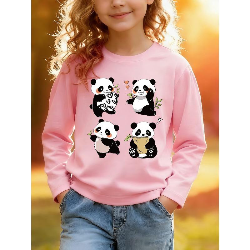 European Sizes Kids' Cartoon Print T-Shirt, Stylish Long-Sleeve Top for Kids, Featuring a Cartoon Panda Design, Suitable for Everyday Casual Wear