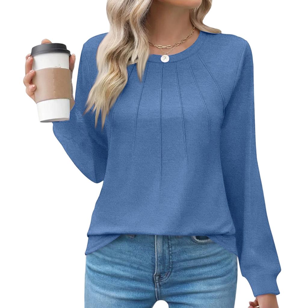 Damenmode Lässig Einfarbig Plissiert Bequem Rundhals Locker Langarm T-Shirt Oberteil