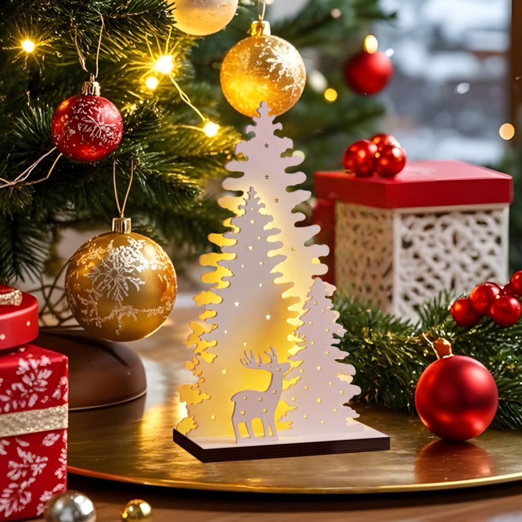 Wooden Christmas Tree Glowing Tabletop Ornament with Warm Light for Holiday Decor