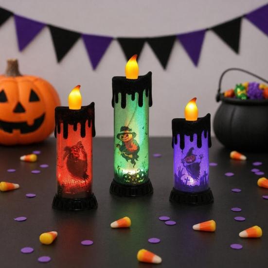 Electronic Candle Light, Fun Halloween Spooky LED Candle, 3-Color Flickering Realistic Flame Safe Battery Light for Party Decor Desktop Ornament
