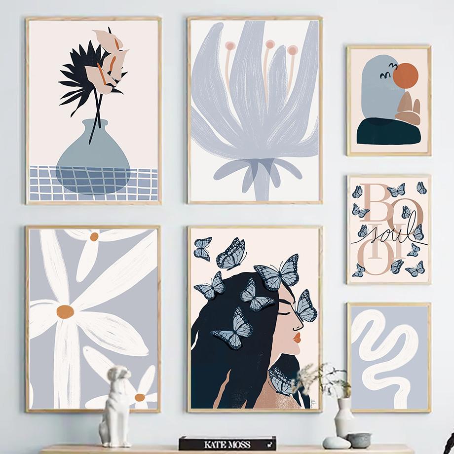 Mädchen Schmetterling Blume Vase Linien Wandkunst Leinwandbild Abstrakte Poster und Drucke Hotel Bar Wandbilder Wohnzimmer Dekoration