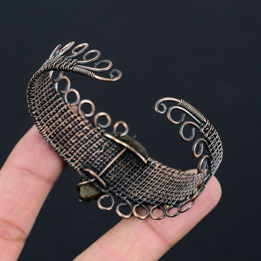 Natural Labradorite Gemstone Handmade Copper Wire Wrap Bangle Adjustable E2s46