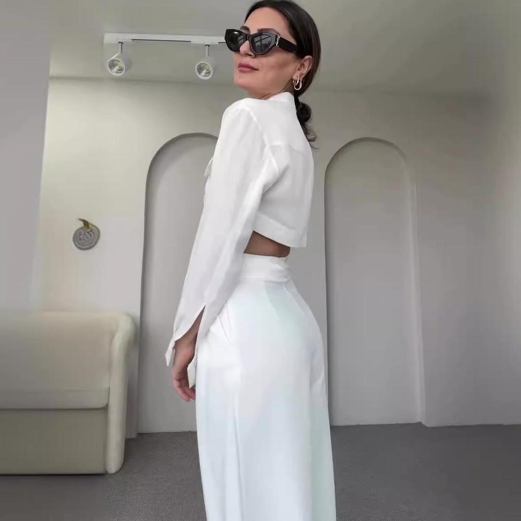 2024 Autumn Women's Solid Color Hollow Out Top & Wide Leg Pants Set