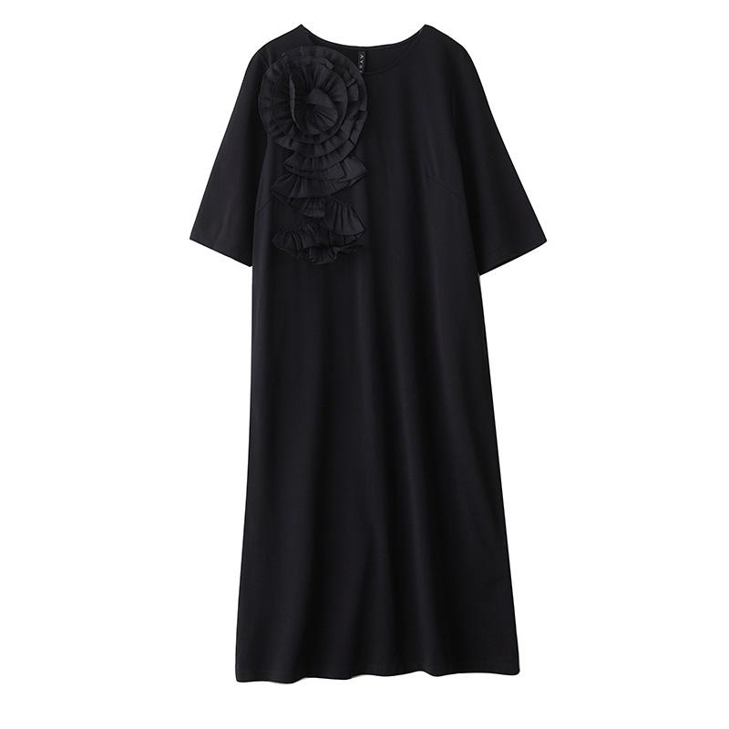 Rochie de vară lungă casual lejeră cu mânecă scurtă, mărime plus, neagră, florală vintage, nou în rochii pentru femei