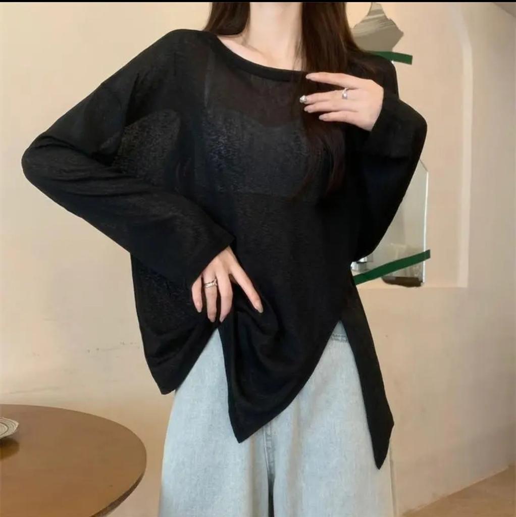 Women's Summer Thin Slightly Sheer Split Sun Protection Long Sleeve T Shirt Candy Colored Loose Air Conditioning Cover Up