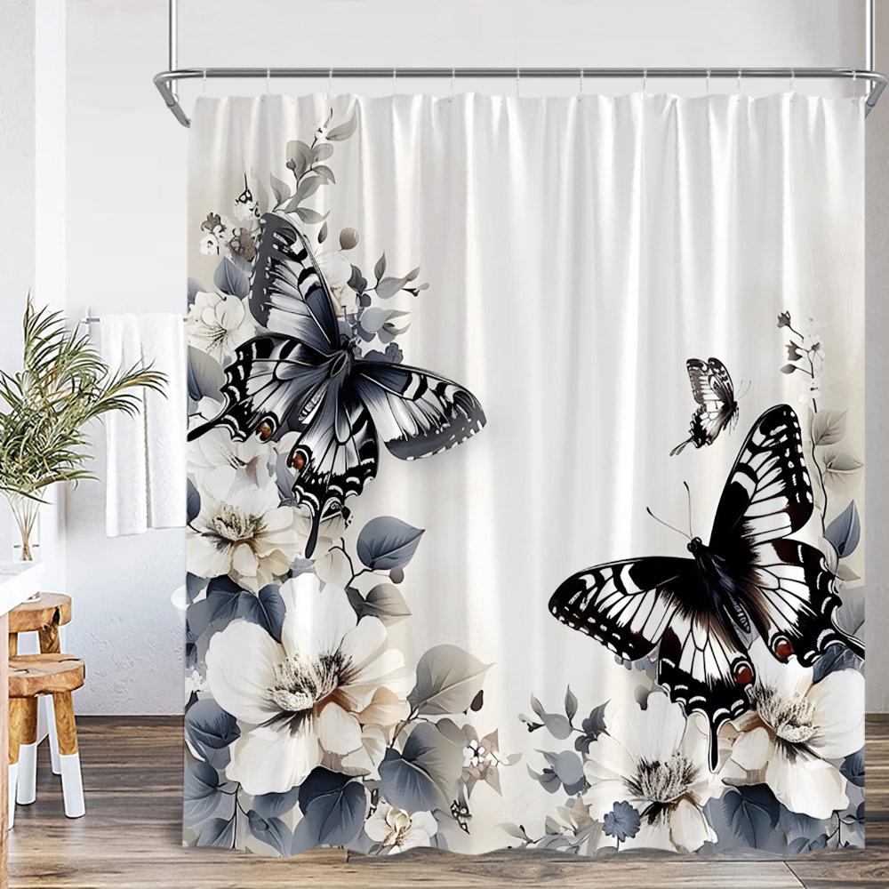 Colorful Butterflies Floral Shower Curtain Flowers Plants Blooming Blossom Bathroom Decorations Polyester Bath Curtain With Hook