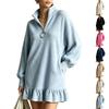 Women's Loose Fit Comfortable Ribbed Half-Zip Long Sleeve Ruffled Hem Dress