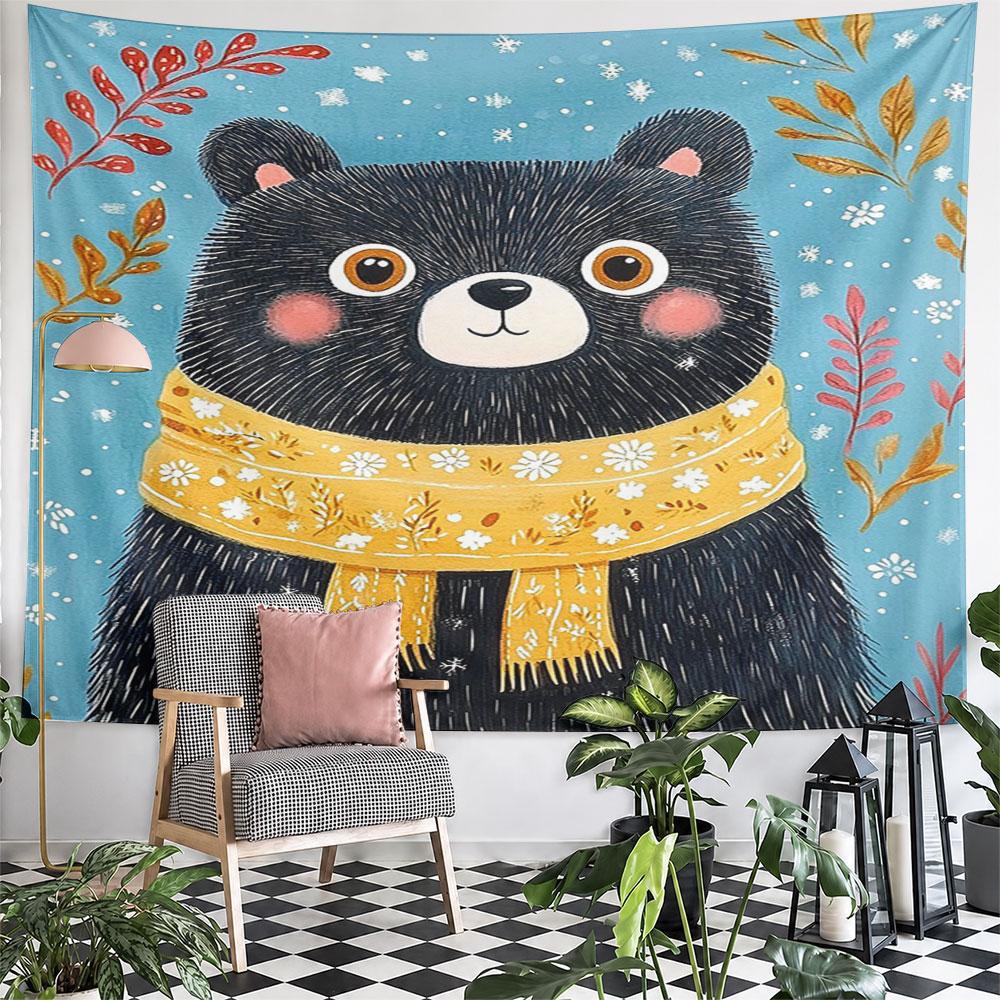 Black Bear with Yellow Floral Scarf Pattern Wall Hanging Tapestry Decorative Tapestry Home Decor for Bedroom and Living Room