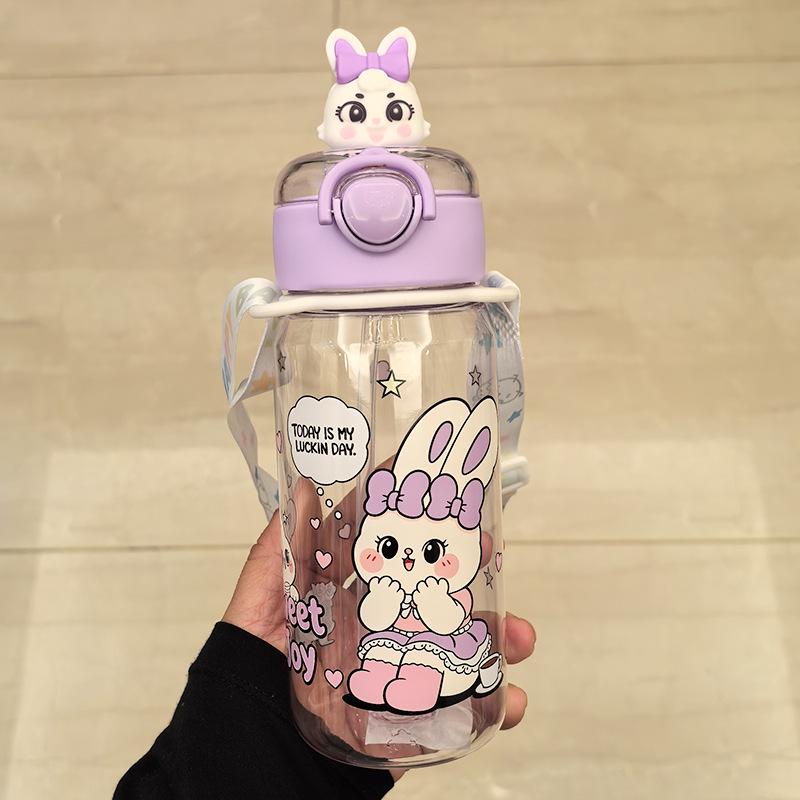Portable Cartoon Water Cup with Strap - Durable, High-Temperature Resistant Plastic, One-Button Open Straw