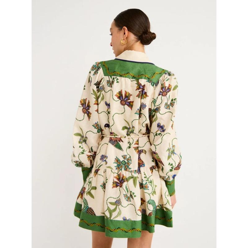 New Printed Lapel Dress Casual Peacock Flower Printed Mini Pleated Dress Women Long Lantern Sleeve Fashion Holiday Dresses Summer Loose Robe