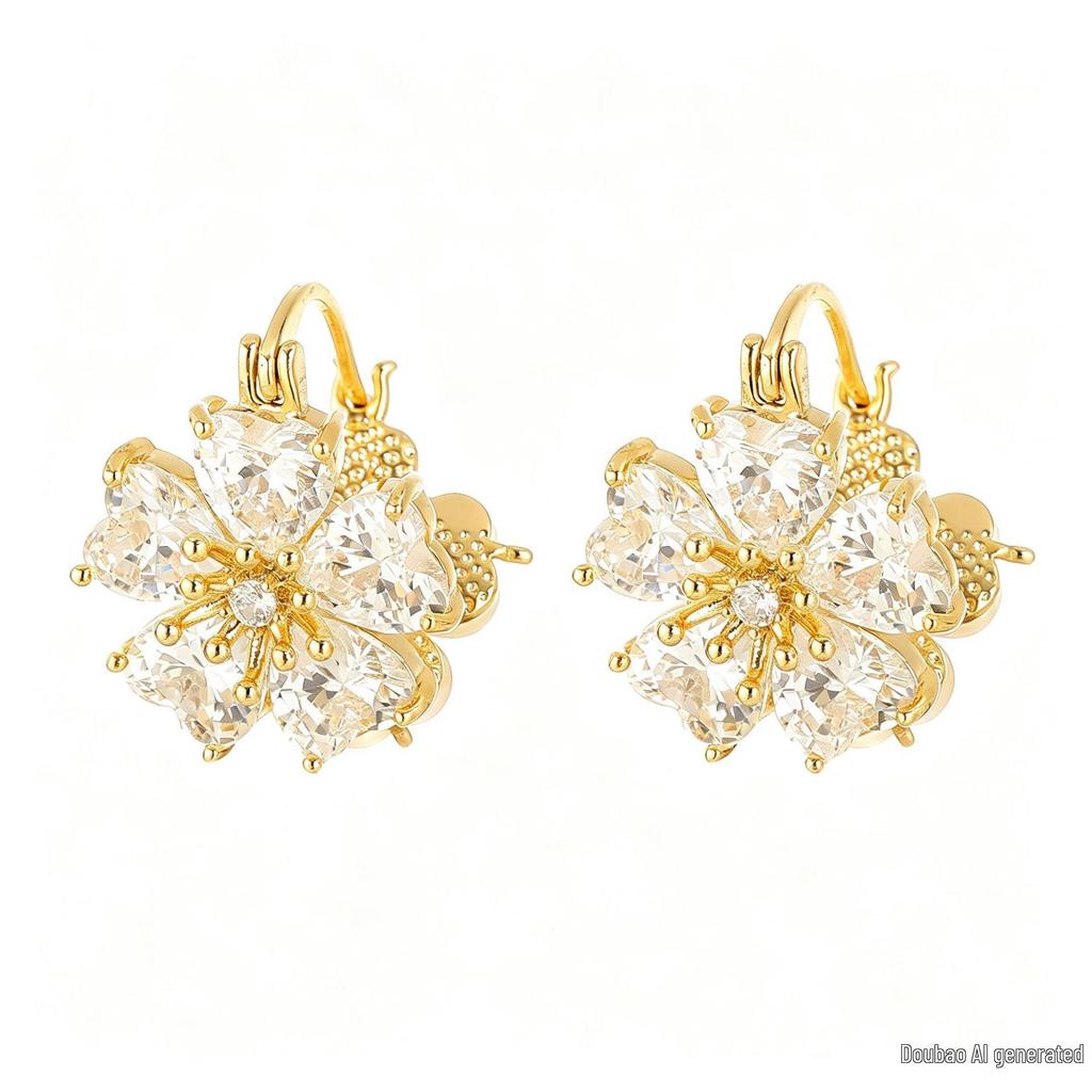 Double-Sided Zircon Cat Eye Flower Earrings, 16K Gold Plated, Super Shiny Versatile Jewelry