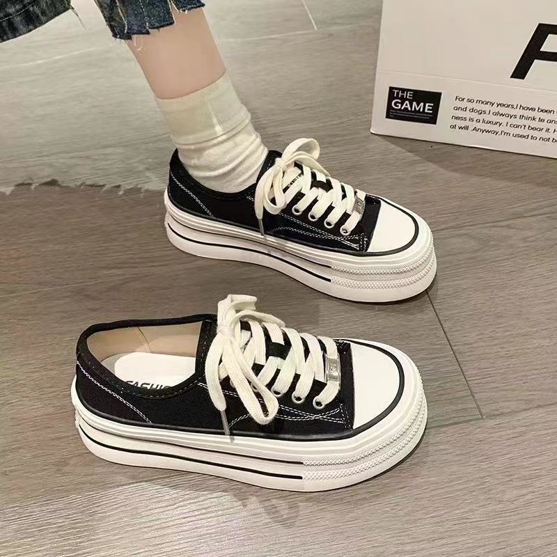 2025 New Women's Burgundy Canvas Shoes Chunky Sole Heightening Versatile Casual Layered Platform Sneakers