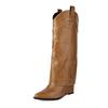 FOREADA Women Knee High Cowboy Boots Pointed Toe Height Increasing High Heels Rivets Western Long Boots Ladies Fashion Shoes Winter 43