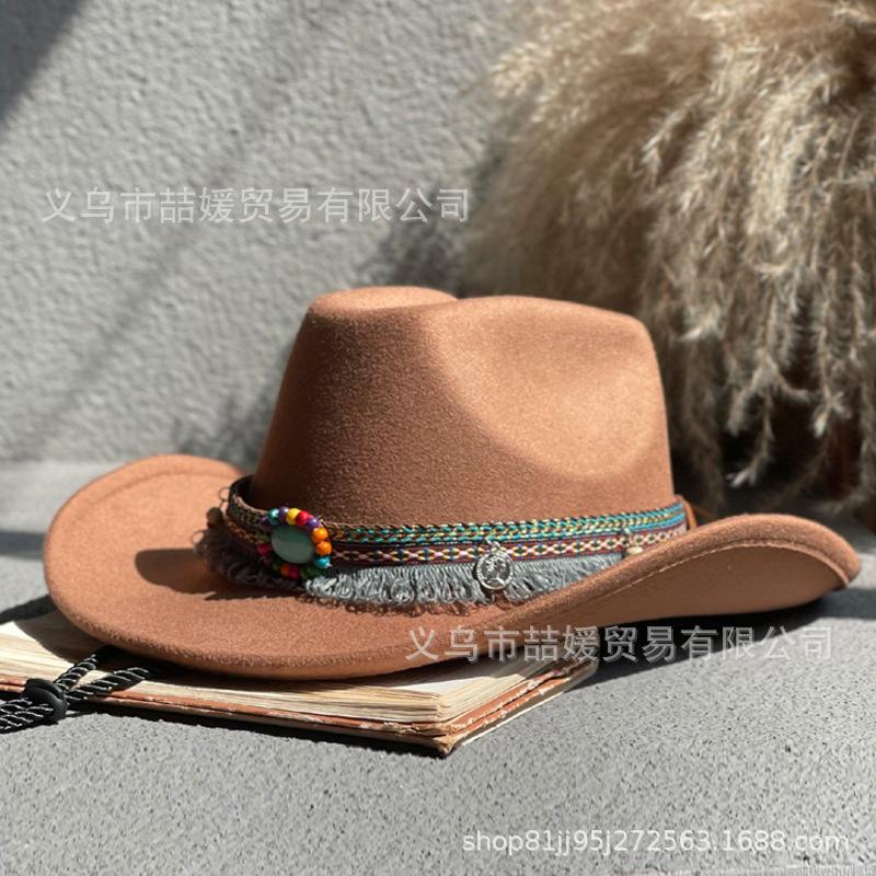 Big eaves western cowboy hat children's men's autumn and winter leisure, retro woolen women's Tibetan feather jazz hat
