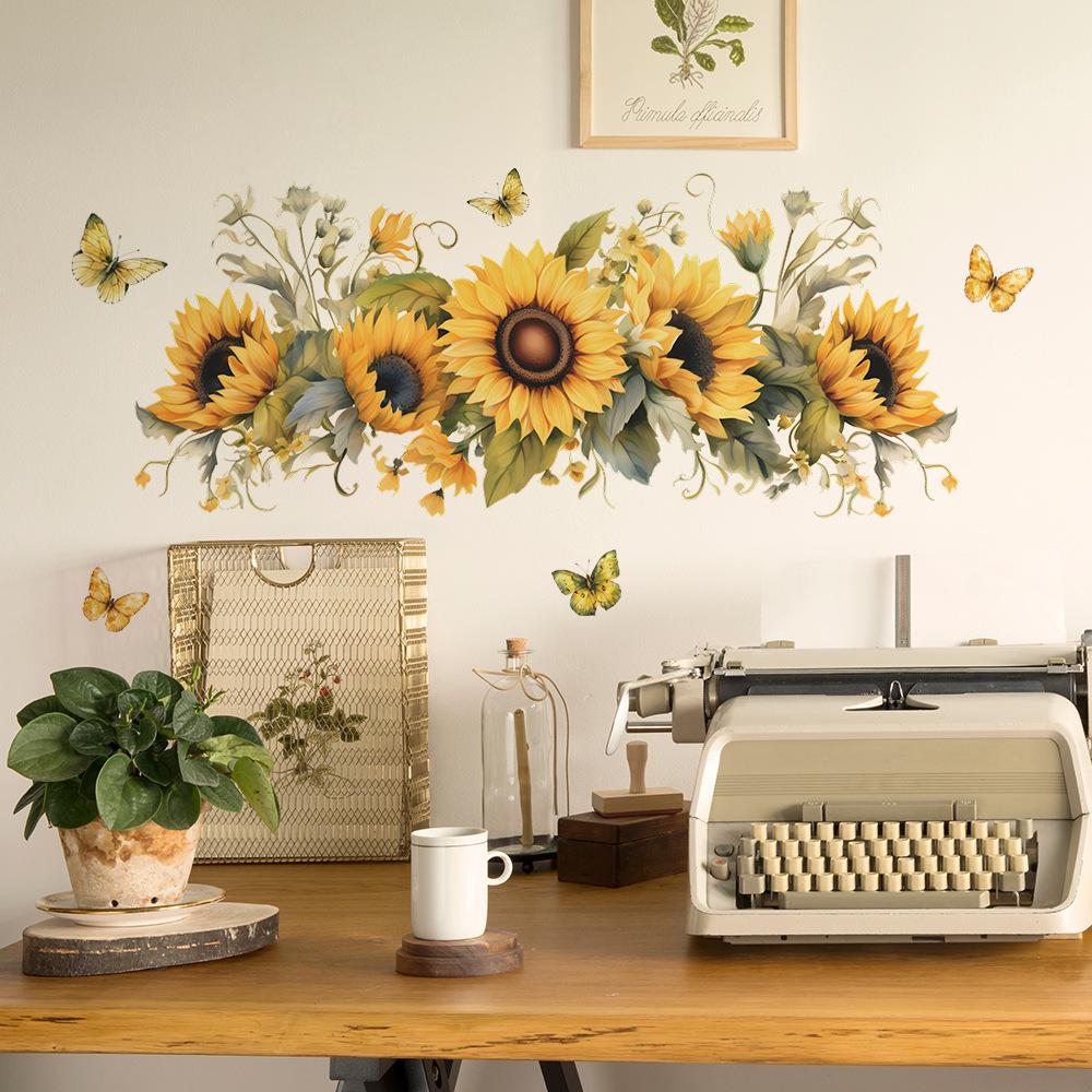 Sunflower Wall Decal Self-adhesive Sunflower Wall Sticker Removable Flower Mural DIY Wall Art Decor for Nursery Bedroom Kitchen