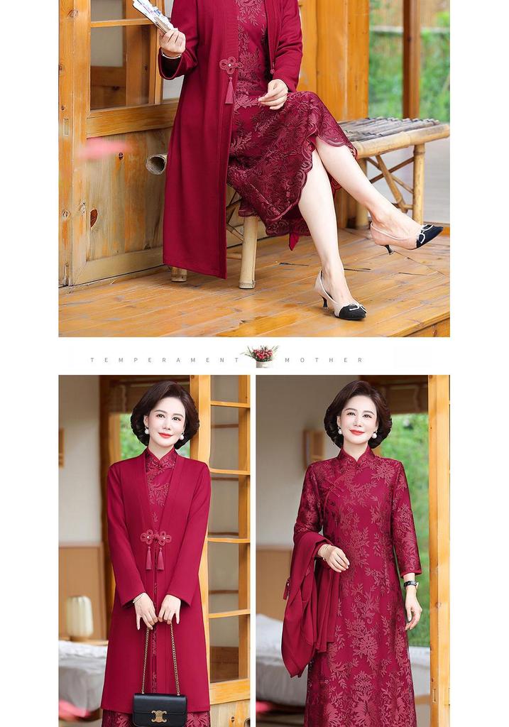 Elegant Midi-Length Two-Piece Cheongsam Dress for Mothers-in-Law - Spring/Autumn Style