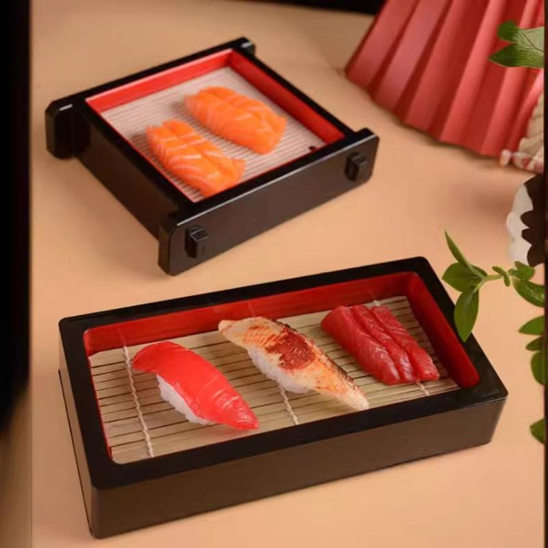 Cold Noodles Plate Plastic Food Plate with Bamboos Mat Food Snacks Dishes Serving Platters Easy to Clean Food Platter