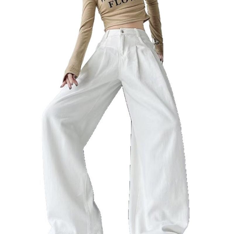 White Wide-Leg Jeans For Women New High-Waisted Pleated Loose-Fitting Slimming Hip-Covering Drapey Floor-Length Straight Pants