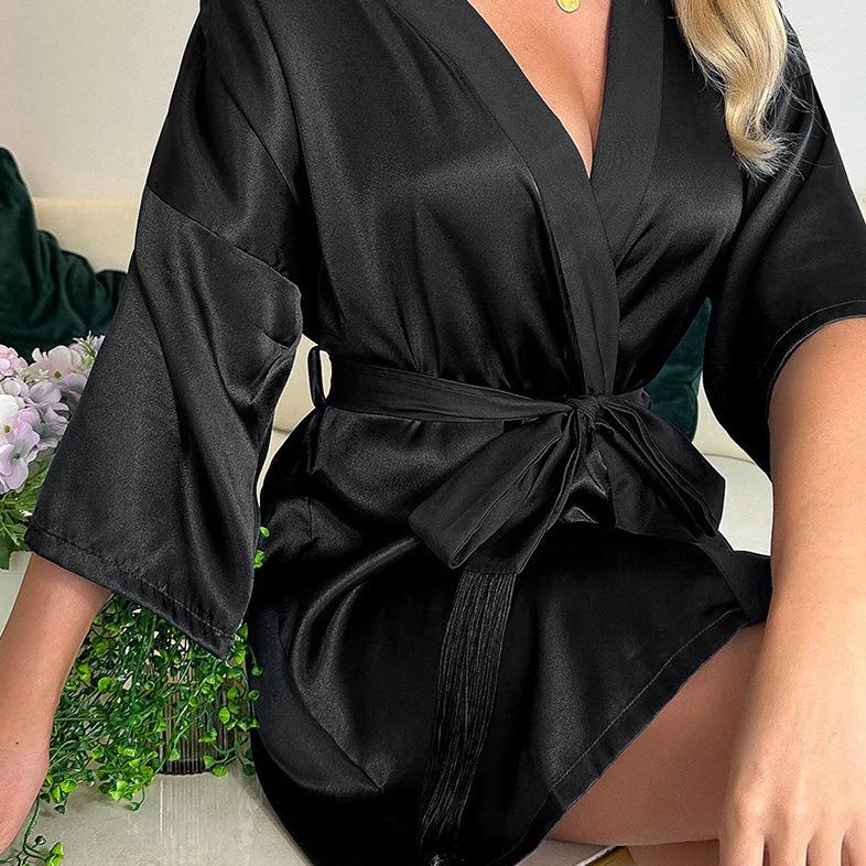 Women's Summer Tie Tassel Short Cardigan Bathrobe Nightgown Sleepwear