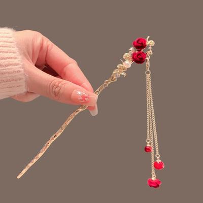 Retro Roter Haarstab Chinesischer Stil Hanfu Quaste Frauen Blumen Essstäbchen Legierung Haarnadel Frau Schmuck Haarspange Accessoires