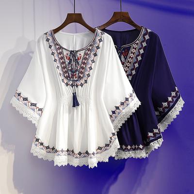 Γυναικεία Καλοκαιρινά Πουκάμισα Oversized Ρετρό Μποέμ Στυλ Κεντημένες Μπλούζες Τοπ Φαρδύ Βαμβακερό Δαντελέ Χαμηλό Στρίφωμα Μανίκι Νυχτερίδα Πουκάμισο