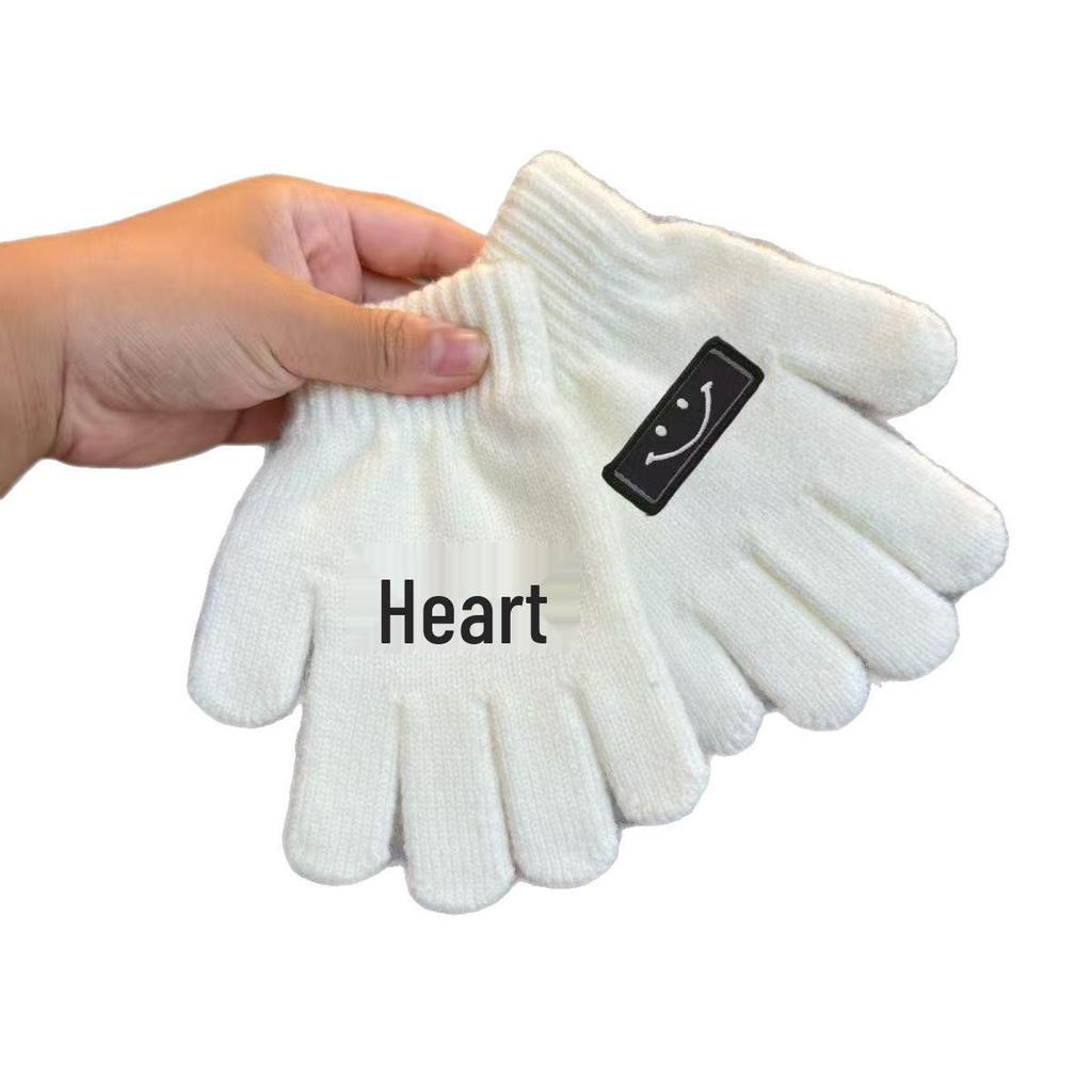 Korean Style Kids' Woolen Knit Five-Finger Gloves with Smiley Face for Autumn/Winter Warmth