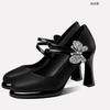 FHC New Cowhide Leather Office Lady Work Shoes,Women Platform Pumps,Rhinestone Bowtie High Heels,Round Toe,Black,Blue,Dropship