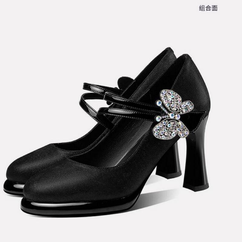 FHC New Cowhide Leather Office Lady Work Shoes,Women Platform Pumps,Rhinestone Bowtie High Heels,Round Toe,Black,Blue,Dropship