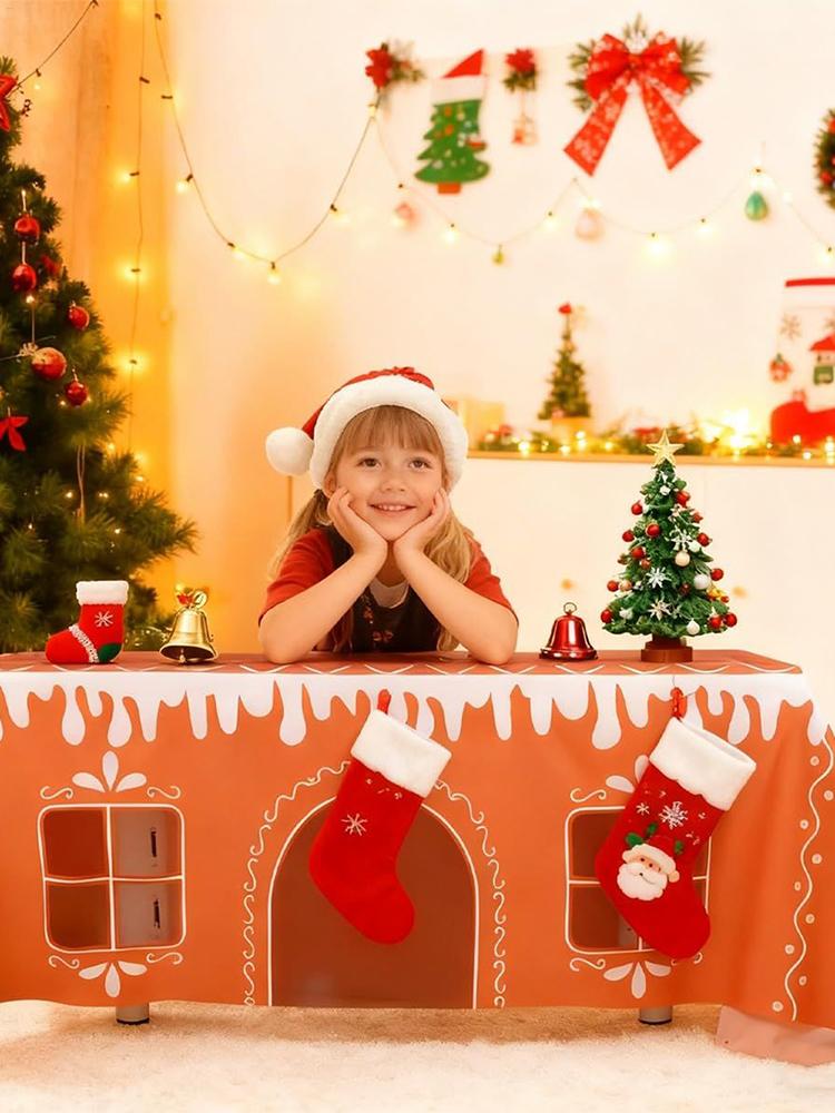150x119cm/180x150cm Christmas Tablecloth Rectangle Gingerbread House Reusable Farmhouse Table Runnerfor Home Party Dining Decor