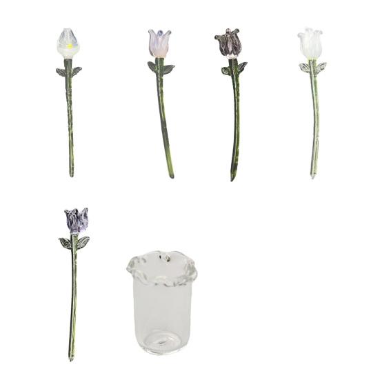 Handmade Glass Flower Decoration with Stem Hand-Blown Mini Floral Plants Figurine Home Living Room Office Table Flower Vase Ornament