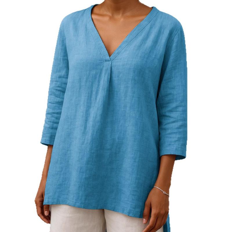 2025 Neu Damen Casual V-Ausschnitt 7/4-Ärmel Lockerer Pullover Einfarbig Mehrfarbig Damen Oberteil T-Shirt