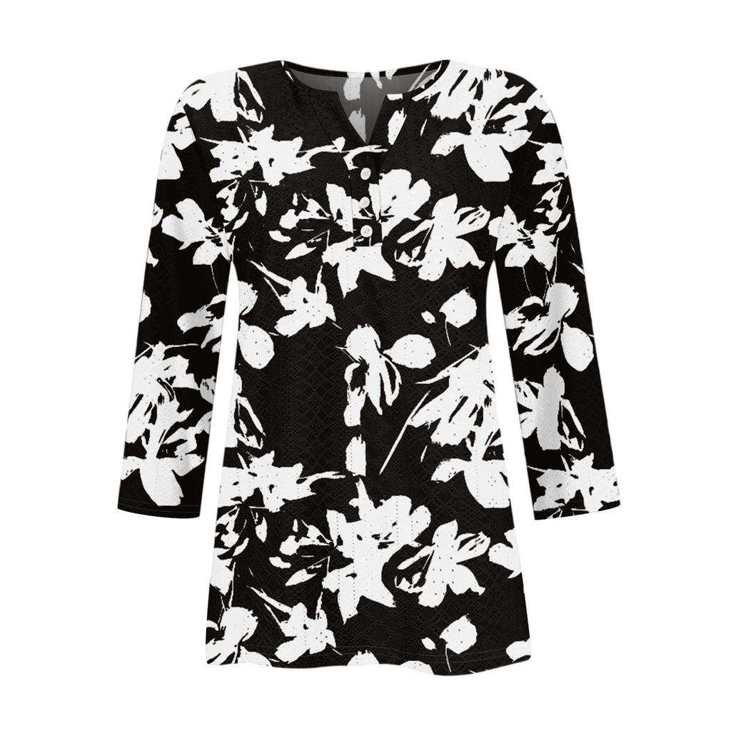 Women's T Shirt Tee Print Button  3/4 SleeveDaily Weekend Fashion Basic V- Neck Regular Top
