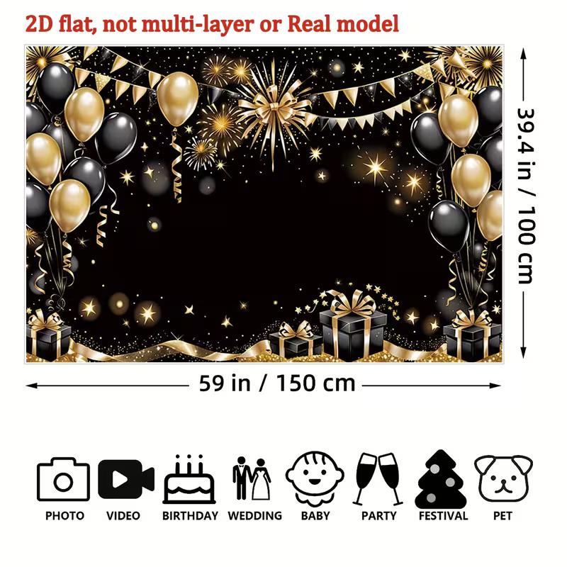 2D flacher schwarz-goldener Ballon-Hintergrund für Geburtstags- & Neujahrs-Fotoshootings
