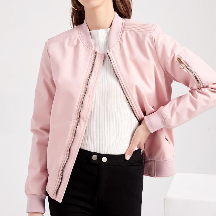 Bomber Jacket Women Thin Casual Zipper Long Sleeves Side Pockets Autumn Spring Outer Wear
