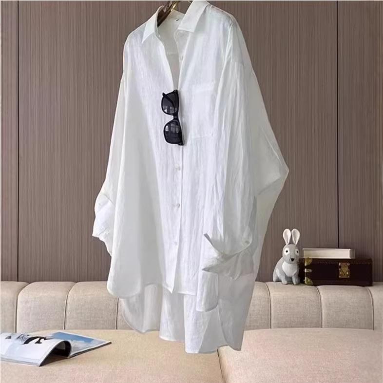 Women's White Long-Sleeve Sun Protection Shirt, Spring/Summer Loose Polo Collar Cardigan