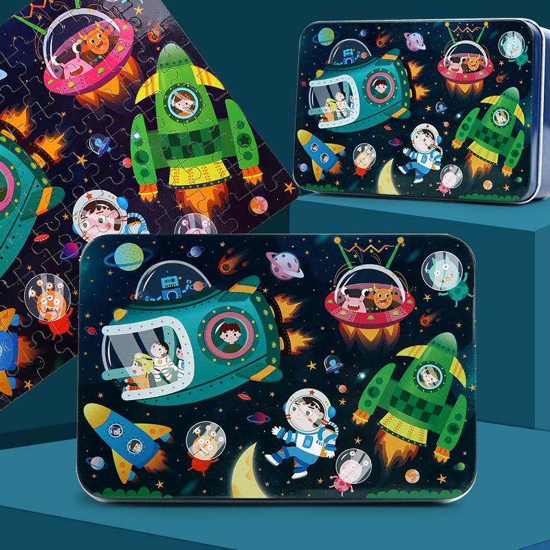 100-Piece Wooden Jigsaw Puzzle Tin Box for Children Ages 3-7: Educational Cartoon Toy