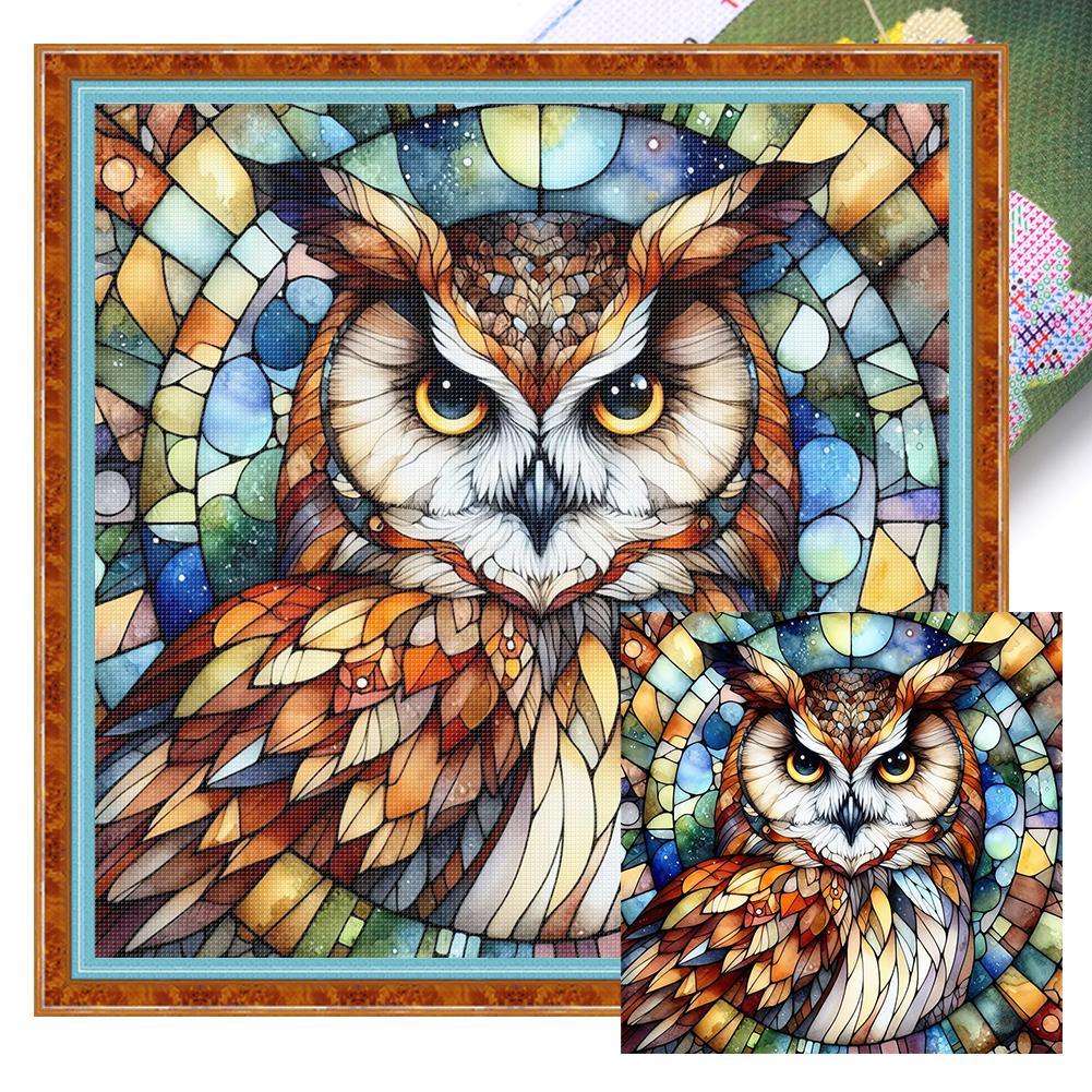 Full Embroidery Eco-Cotton Thread 11CT Print Stain Glass Owl Cross Stitch