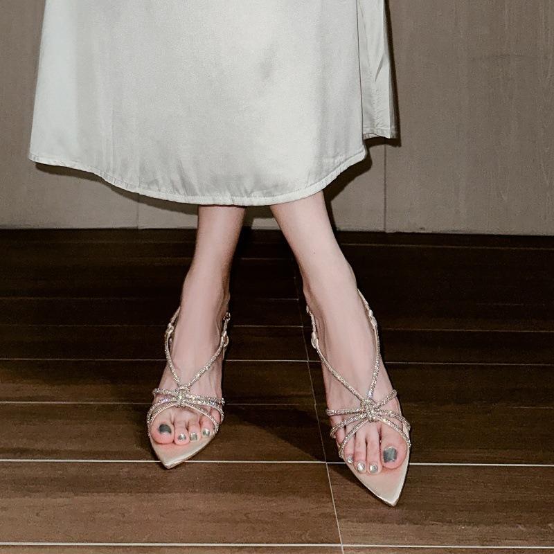 ~ Summer rhinestone chain sandals women's wear thin heels open-toed temperament thin strap high heels