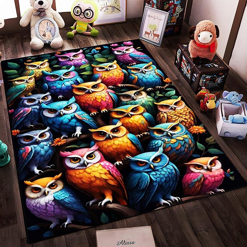 Colorful Owl Pattern Carpet with Bright Multicolored Artistic Design Suitable for use as an anti-slip for living room bedroom sofas