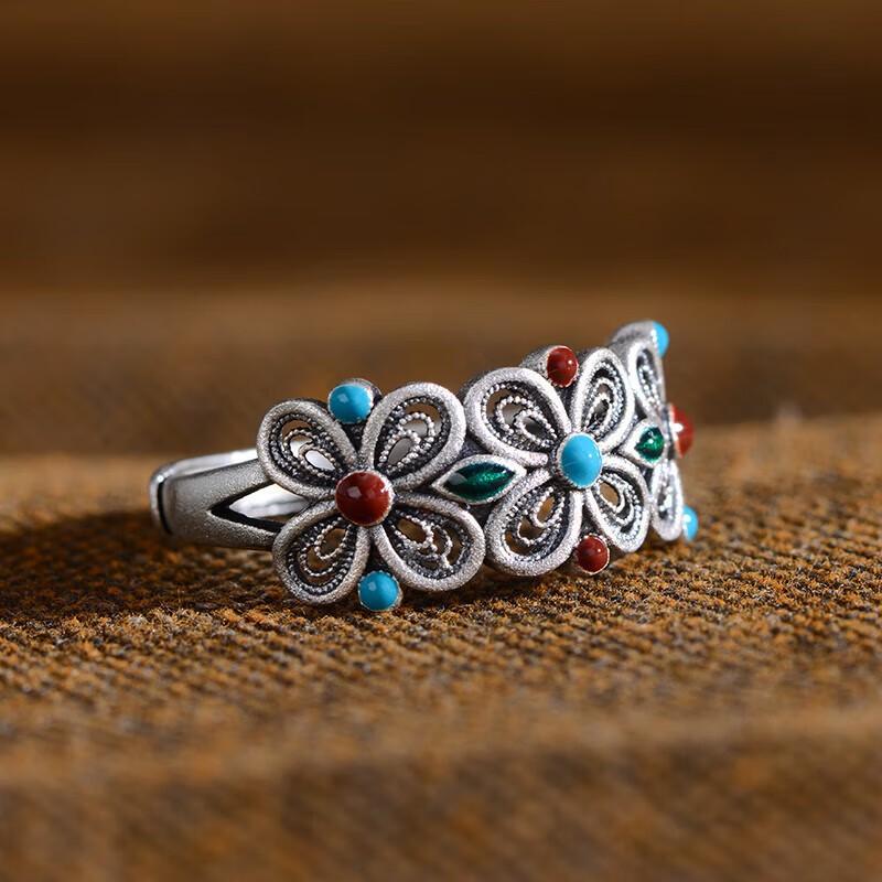 Adjustable Vintage Floral Filigree Enamel Ring Women Men Boho Lucky Clover Design Copper Alloy Band