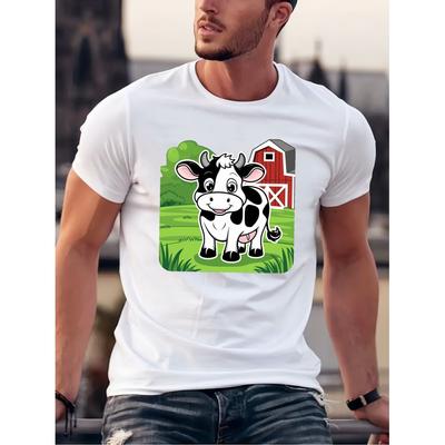 Cartoon Farm Cow Graphic Tee Men Summer Casual Short Sleeve Round Neck Cotton T-Shirt
