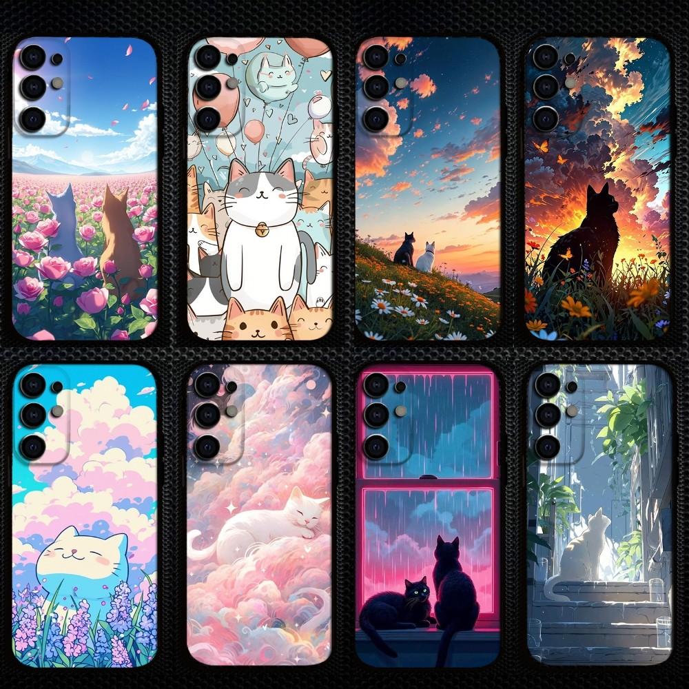 Adorable Cat Anime Phone Case For Samsung S25/S24/S23/S22/S21/S20/Plus,Fe,Lite/Others Black Cover