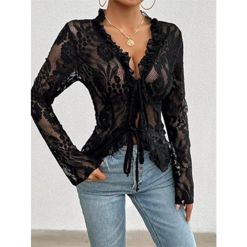 

Long Sleeve Slim Fit Sexy Mesh Lace T-Shirts Women Lace-up Tops V Neck Transparent Casual Sheer Basic Tie Front Shirt Blouses for Club Clothes L чорний
