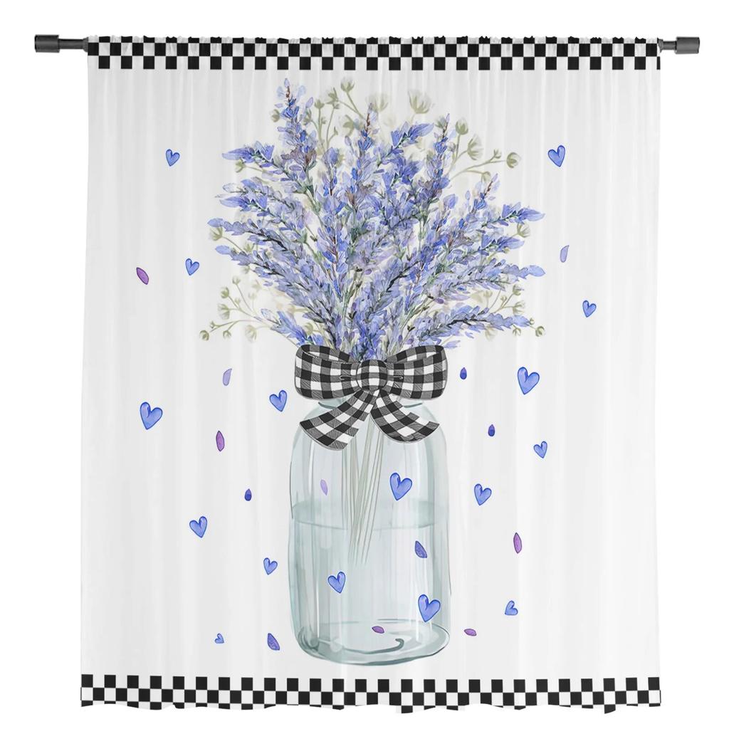 Lavender Flowers Watercolor Bottle Plaid Sheer Curtains For Living Room Bedroom Tulle Curtain For Kitchen Voile Blind Curtain