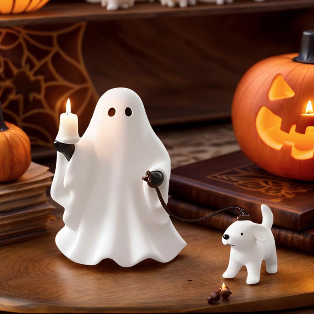 Halloween Ghost Walking Dog Statue Halloween Ghost Figurine Cute Ghost Ornament Halloween Tabletop Decoration