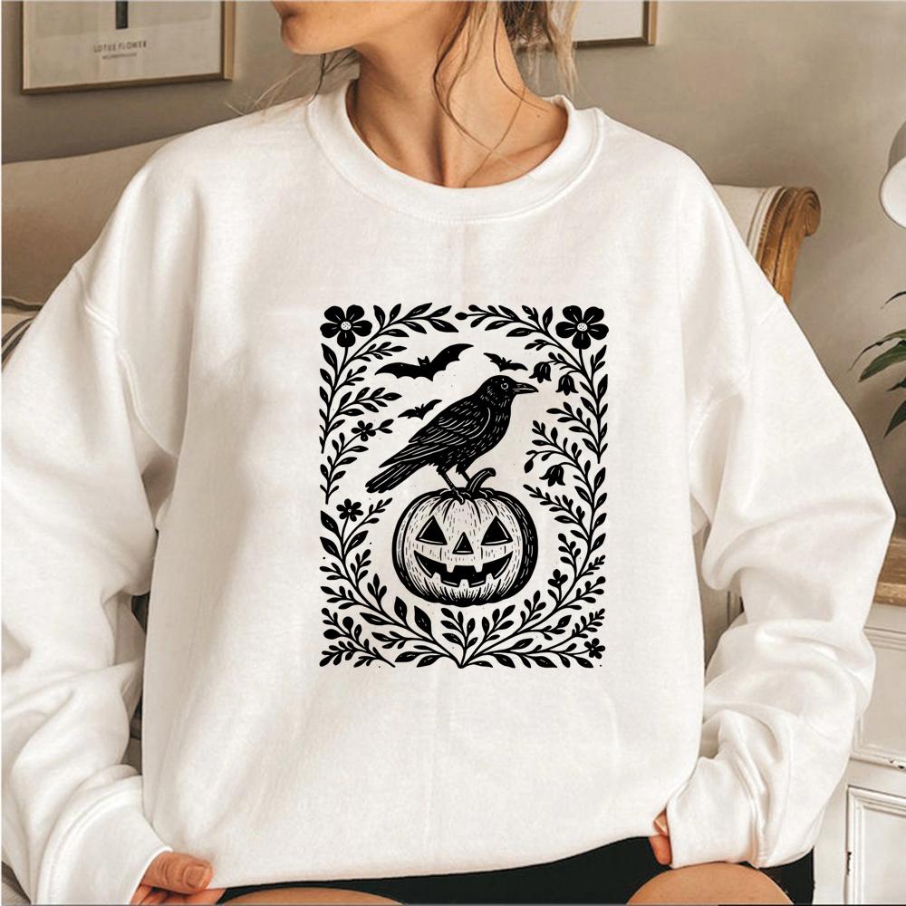 Halloween Crow Pumpkin Sweatshirt Jack O Lantern Floral Halloween Hoodies Women Crewneck Sweatshirt Long Sleeve Casual Pullover